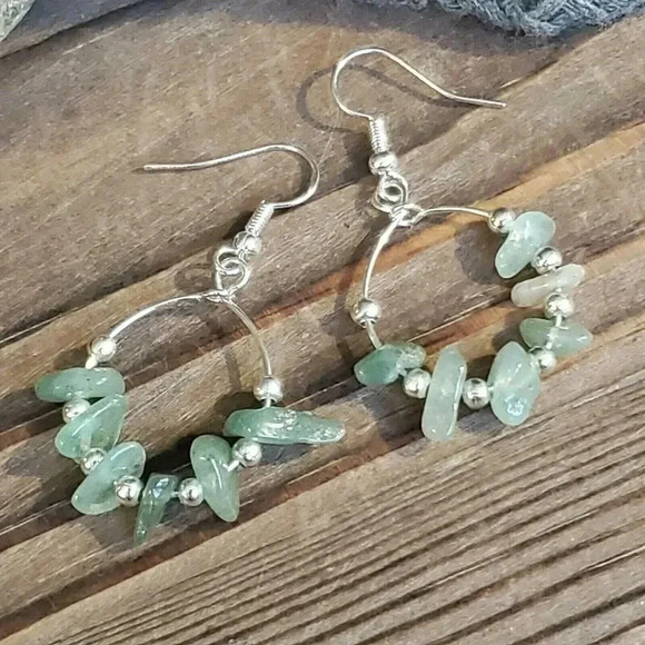 Handcrafted Baroque Green Agate Gemstone Sterling Silver Plated Beads Earrings - Picture 5 of 8